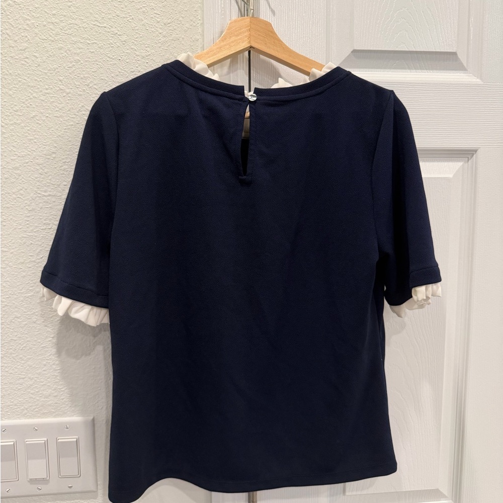 Ann Taylor Navy Top with Cream Ruffle Trim - Picture 3 of 4